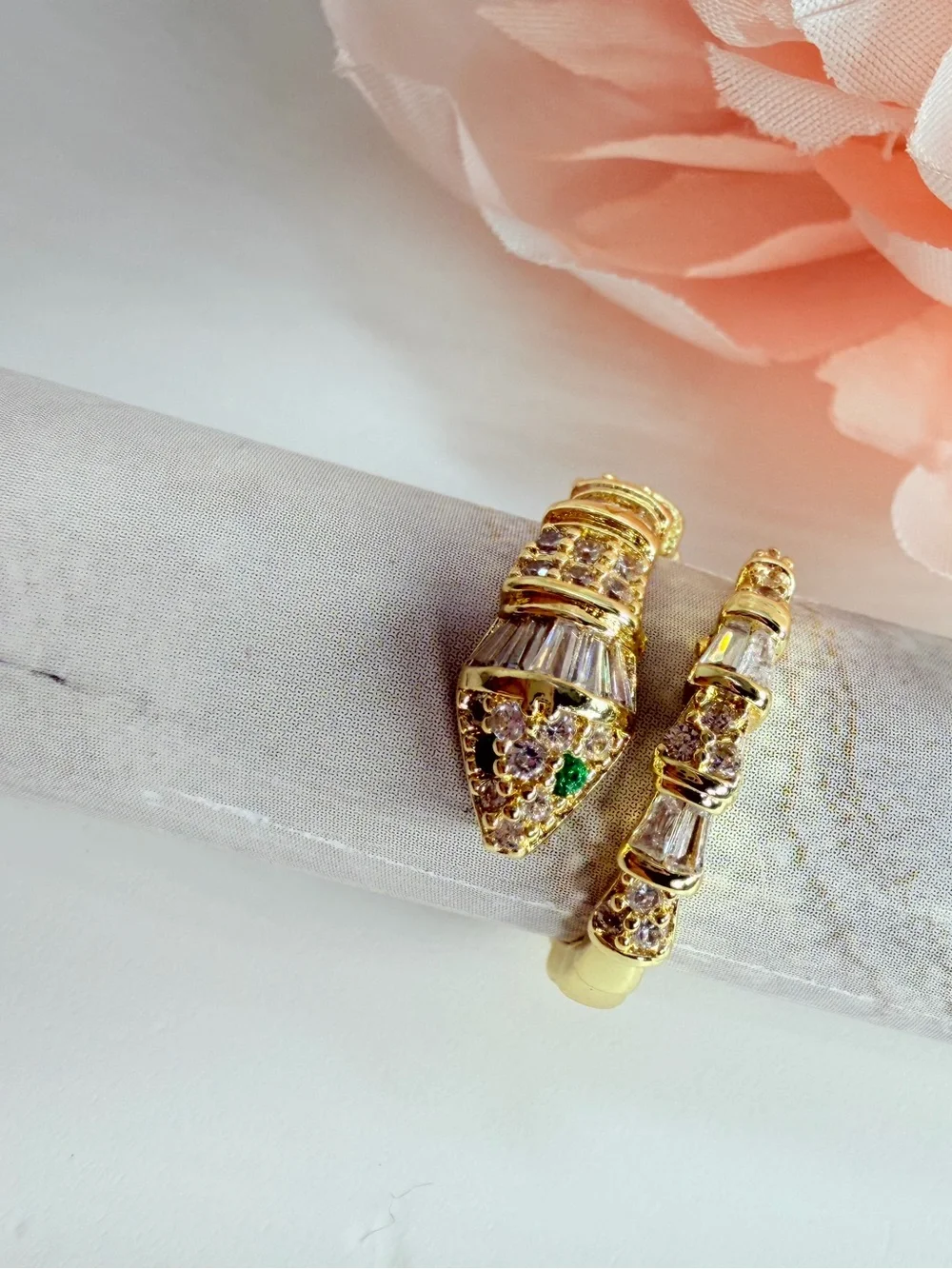 Gold Serpent-Style Ring with  Green Crystal Accents